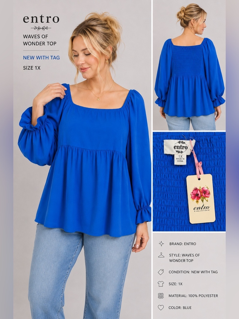 Entro Waves of Wonder Blouse 1X NWT Royal Blue Square Neck Balloon Sleeve